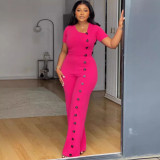 Irregular Neckline Slim Waist Button Wide Leg Jumpsuit