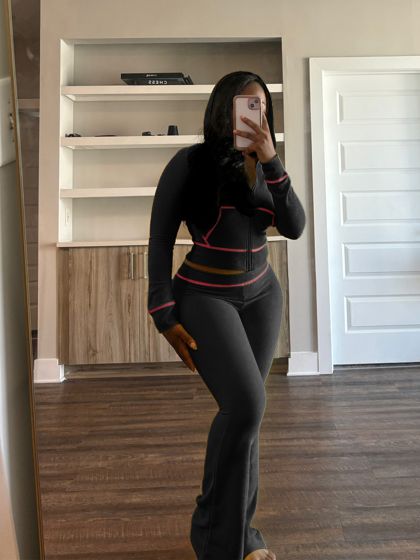 Women's Waffle texture hooded Bell Bottom Casual two piece pants set