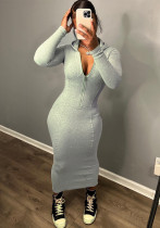 solid color long sleeve hooded zipper tight slim long dress solid color long sleeve hooded zipper tight slim long dress