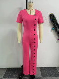 Irregular Neckline Slim Waist Button Wide Leg Jumpsuit