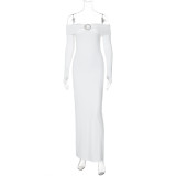 Women's autumn sexy Off Shoulder long sleeve solid color slit long dress