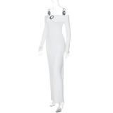 Women's autumn sexy Off Shoulder long sleeve solid color slit long dress