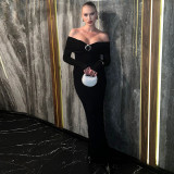 Women's autumn sexy Off Shoulder long sleeve solid color slit long dress