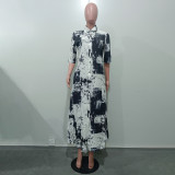Holidays print women's Casual Turndown Collar short sleeve loose shirt dress