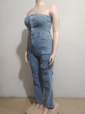 Women Strapless Cargo Denim Jumpsuit