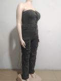 Women Strapless Cargo Denim Jumpsuit