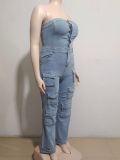 Women Strapless Cargo Denim Jumpsuit