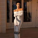 Women's autumn sexy Off Shoulder long sleeve solid color slit long dress