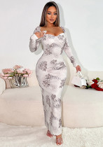 Women Fall Plunging Printed Long Sleeve Bodycon Dress