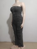 Women Strapless Cargo Denim Jumpsuit