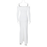 Women's autumn sexy Off Shoulder long sleeve solid color slit long dress
