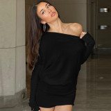 Women's autumn Slash Shoulder long sleeve Slim Waist casual short dress