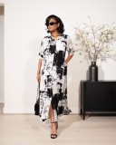 Holidays print women's Casual Turndown Collar short sleeve loose shirt dress