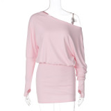 Women's autumn Slash Shoulder long sleeve Slim Waist casual short dress