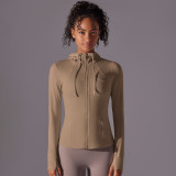 Long Sleeve Solid Color Zipper Pocket Hooded Sports Jacket Running Fitness Yoga Clothes