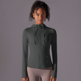 Long Sleeve Solid Color Zipper Pocket Hooded Sports Jacket Running Fitness Yoga Clothes