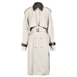 Loose British Style Chic Trench Coat Autumn Contrast Color Belt Waist Long Coat