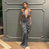 Summer Fashion Deep V Neck Halter Neck Low Back Solid Color Long Dress