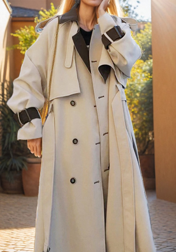 Loose British Style Chic Trench Coat Autumn Contrast Color Belt Waist Long Coat