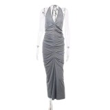 Summer Fashion Deep V Neck Halter Neck Low Back Solid Color Long Dress