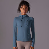 Long Sleeve Solid Color Zipper Pocket Hooded Sports Jacket Running Fitness Yoga Clothes