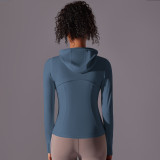 Long Sleeve Solid Color Zipper Pocket Hooded Sports Jacket Running Fitness Yoga Clothes