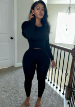 Women's Fashion Round Neck Rib Casual Sexy Sports Trend Fashion Two Piece Pants Set