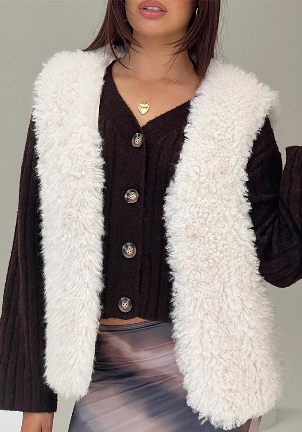 Elegant Women's Faux Fur Coat Autumn Winter Solid Color Fleece Sleeveless Vest