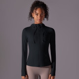 Long Sleeve Solid Color Zipper Pocket Hooded Sports Jacket Running Fitness Yoga Clothes