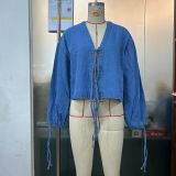 Women's Denim Jacket Y2K Bow Tie Long Sleeve Shirt Puff Sleeve Short Coat