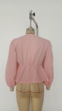 Women Casual Puff Sleeve Round Neck Loose Long Sleeve Shirt