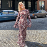 Women Bohemian See-Through Round Neck Long Sleeve Printed Maxi Dress