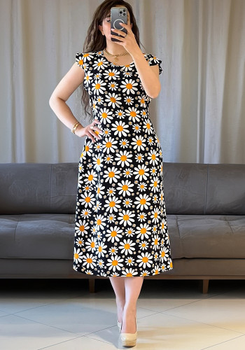 Women Round Neck Daisy Print Floral Dress