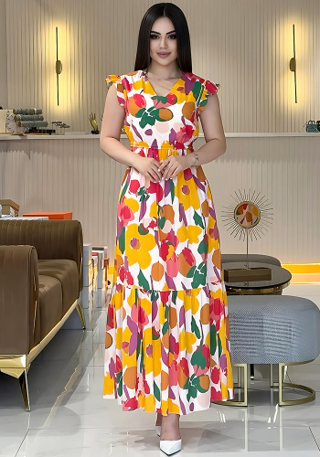Women V-neck Printed Patchwork Dress