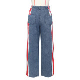 Women American Flag Printed Elastic Wide Leg Denim Pants