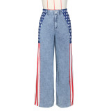 Women American Flag Printed Elastic Wide Leg Denim Pants