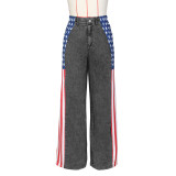 Women American Flag Printed Elastic Wide Leg Denim Pants