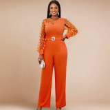 Women See-Through Lantern Sleeve Formal Party Jumpsuits