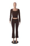 Women solid long sleeve top and bell bottom Pants two-piece suit