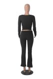 Women solid long sleeve top and bell bottom Pants two-piece suit