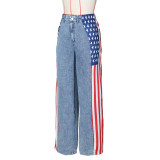 Women American Flag Printed Elastic Wide Leg Denim Pants