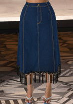 Plus Size Women Denim Tassel Button Skirt