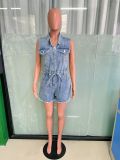 Women Stretch Short Sleeve Loose Washed Denim Jumpsuit