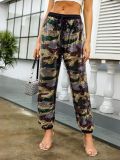 Women Camouflage Sequin Elastic Lace-Up Loose Straight Leg Cuff Pants