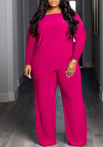 Plus size Women casual solid asymmetric top and pant two-piece set