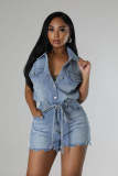 Women Stretch Short Sleeve Loose Washed Denim Jumpsuit