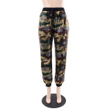 Women Camouflage Sequin Elastic Lace-Up Loose Straight Leg Cuff Pants