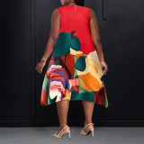 Plus Size Women Round Neck Casual Contrast Print Dress