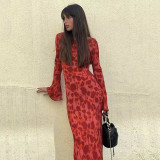 Women Bohemian See-Through Round Neck Long Sleeve Printed Maxi Dress