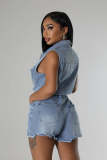 Women Stretch Short Sleeve Loose Washed Denim Jumpsuit